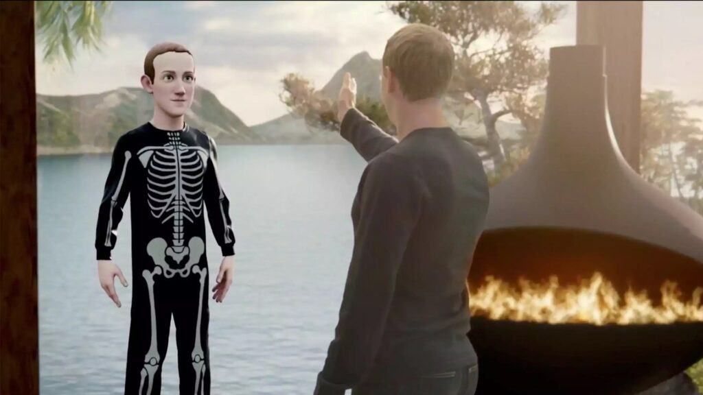 Mark Zuckerberg stands opposite his metaverse avatar