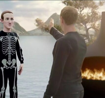 Mark Zuckerberg stands opposite his metaverse avatar